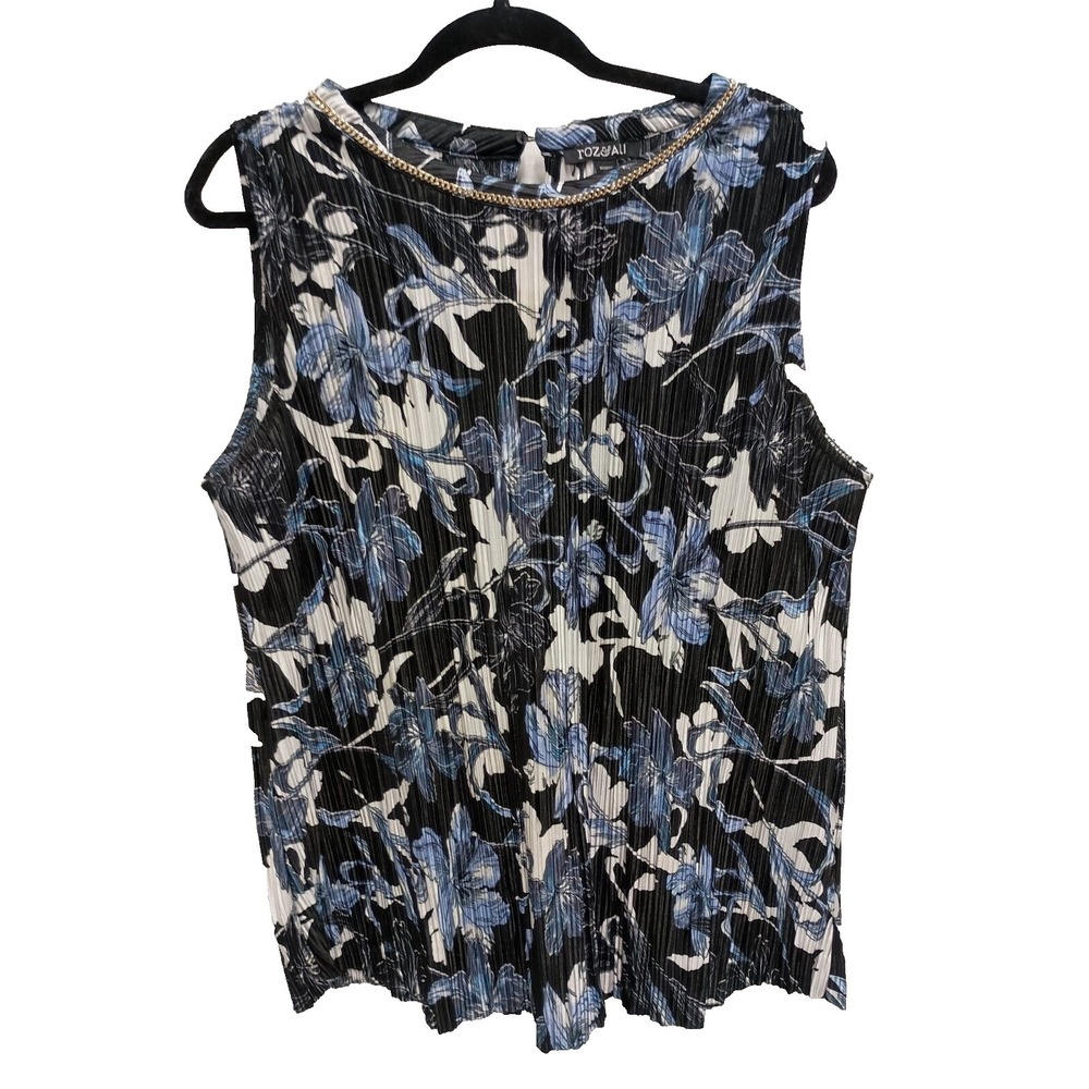 Roz & Ali Black Floral Sleeveless Beaded Neck Pleated Blouse